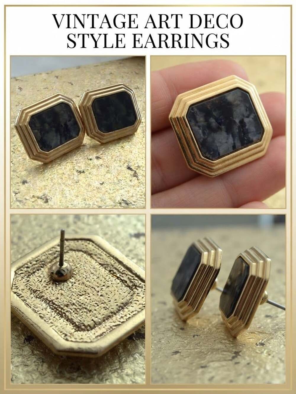 Vintage Art Deco Style Gold Tone Rectangle Stud Earrings